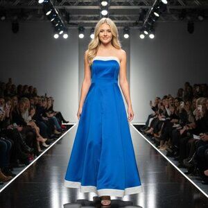Satin A-Line Royal Blue & White Formal Bridesmaid Gown Dress NWT